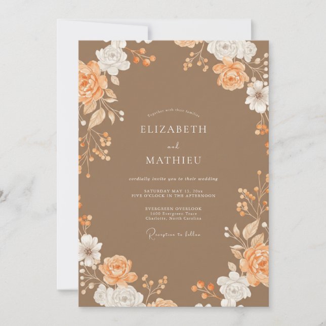 Brown Peach Peony Wedding Invitation (Front)