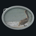 Brown Pelican on the Beach Belt Buckle<br><div class="desc">A photograph of a brown pelican enjoying the water and sand at the beach on a sunny day on a belt buckle</div>