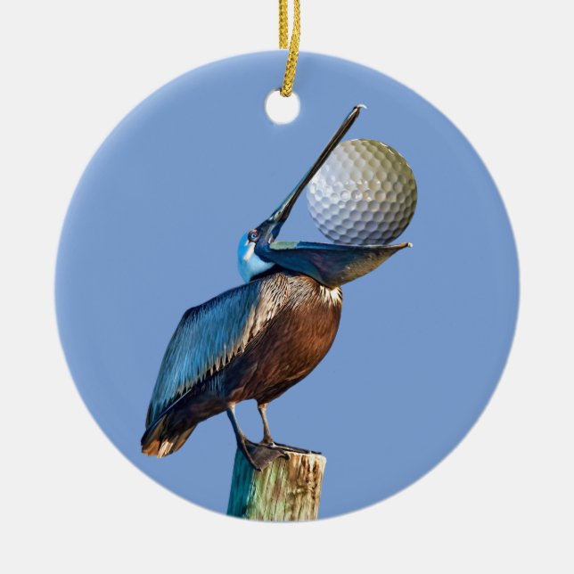 Brown Pelican with Golf Ball Ceramic Tree Decoration (Front)