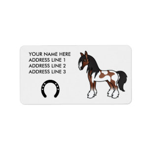Brown Piebald Cartoon Gypsy Vanner Shire Horse Label