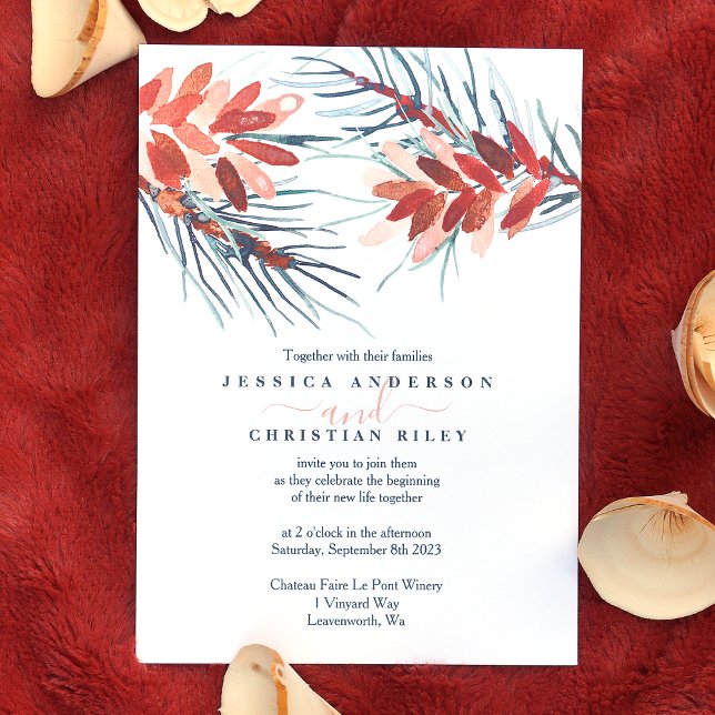 Brown Pine Cones, Pine Needles Wedding Invitations (winter pinecones, pine needles wedding invitations, terracotta, pink, brown wedding color palette )