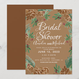 Brown Pinecones Watercolor Greenery Bridal Shower Invitation
