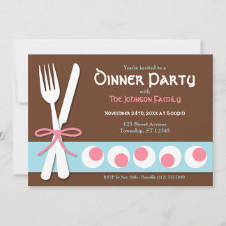 Brown Pink & Blue - Fork & Knife Dinner Invitation