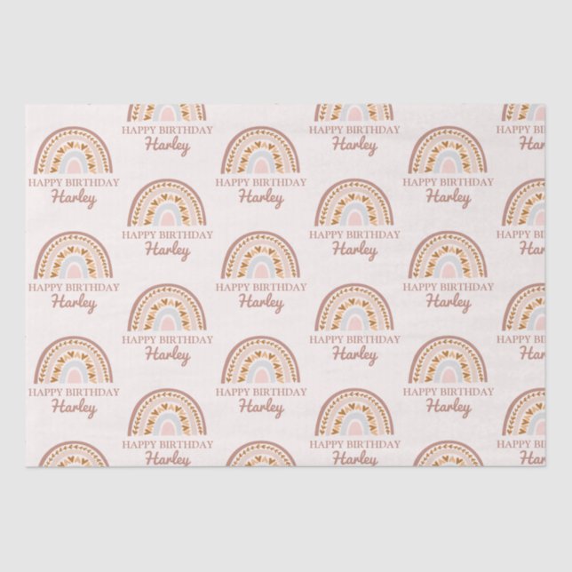 Brown Pink Boho Rainbow Custom Name Birthday Gift Tissue Paper (Front)