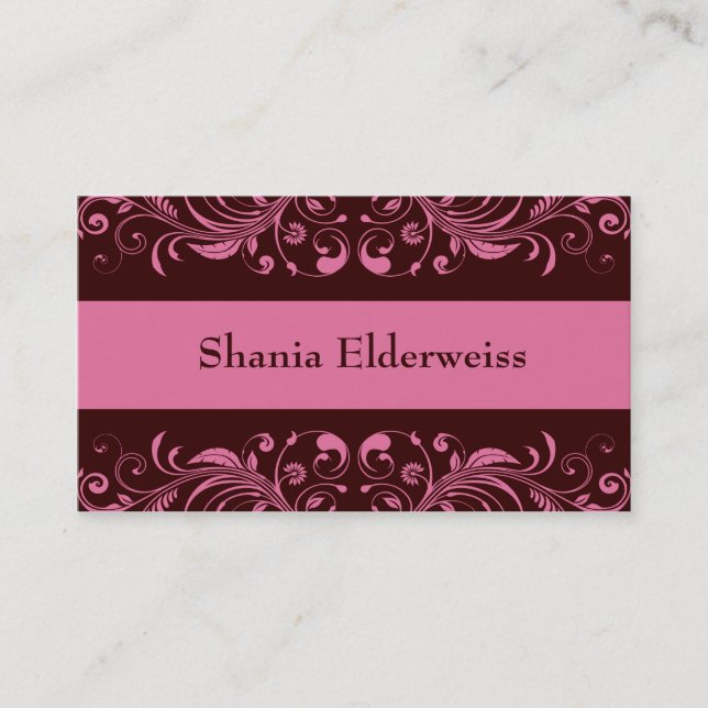 Brown & Pink Damask Business Card (Front)