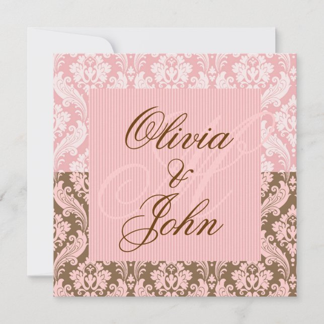 Brown & PINK DAMASK Elegant Wedding Invitation (Front)