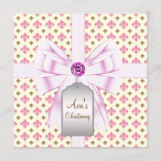 Brown Pink Fleur de Lis Baby Christening Invitation