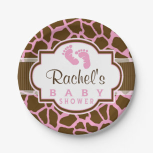Brown, Pink Giraffe Animal Print Baby Shower Paper Plate