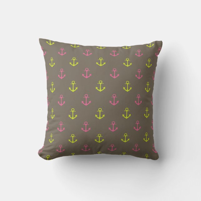 Brown, Pink Green Nautical Anchors Pattern Cushion (Front)