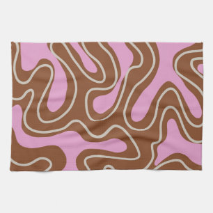 Brown Pink Marble Boho Groovy Liquid Swirl Pattern Tea Towel