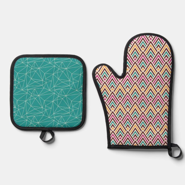 BROWN PINK ORANGE TURQUOISE GEOMETRIC PATTERN OVEN MITT & POT HOLDER SET (Front)