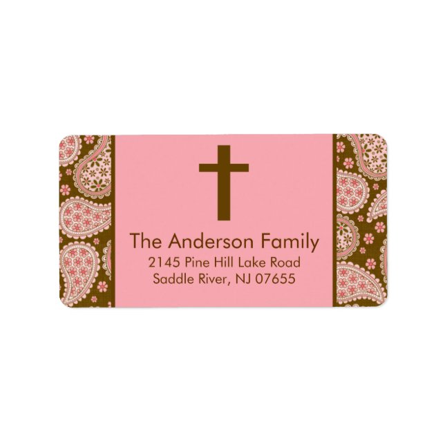 Brown & Pink Paisley Cross Religious address Label (Front)