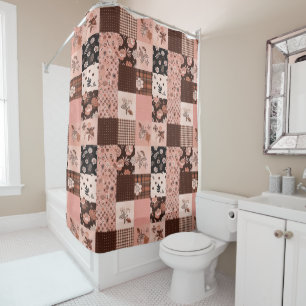 Brown Pink Patchwork Quilt Floral Retro Shower Curtain