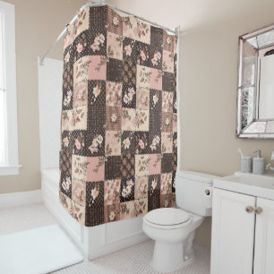 Brown Pink Patchwork Quilt Floral Retro Shower Curtain