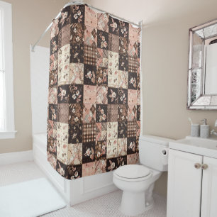 Brown Pink Patchwork Quilt Floral Retro Shower Curtain
