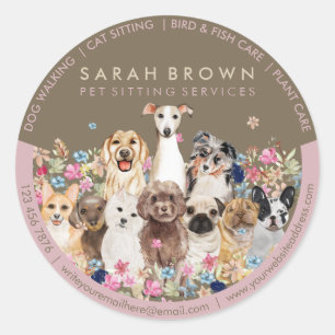 Brown Pink Pet Sitting Boutique Floral Dogs Classic Round Sticker