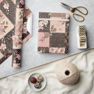 Brown Pink Quilt Gingham Cottagecore Floral Wrapping Paper