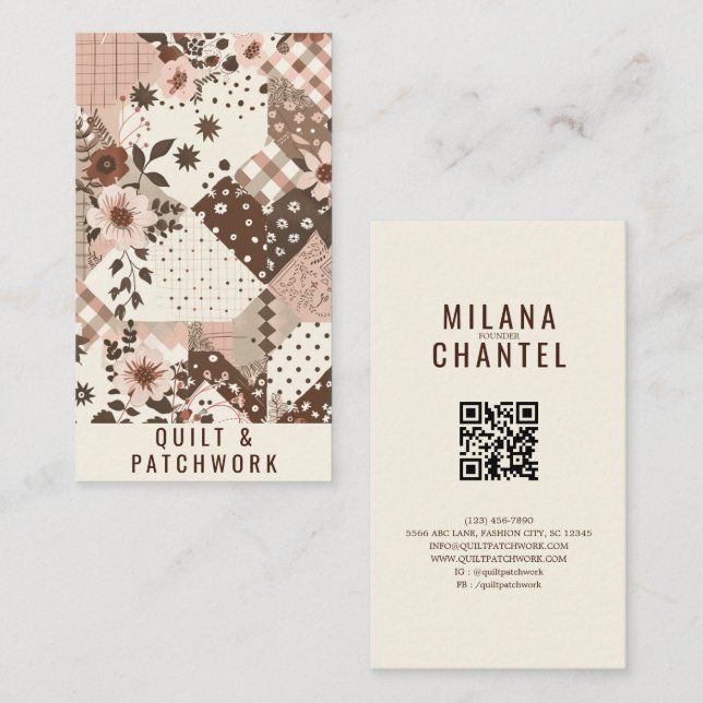 Brown Pink Quilt Patchwork Handmade Clothing  Business Card (Front/Back)
