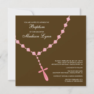 Brown & Pink Rosary Baby Girl Baptism Inviation Invitation