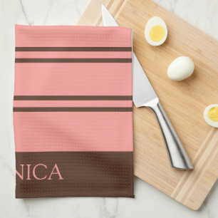Brown Pink Stripes monogram Name Kitchen Towels