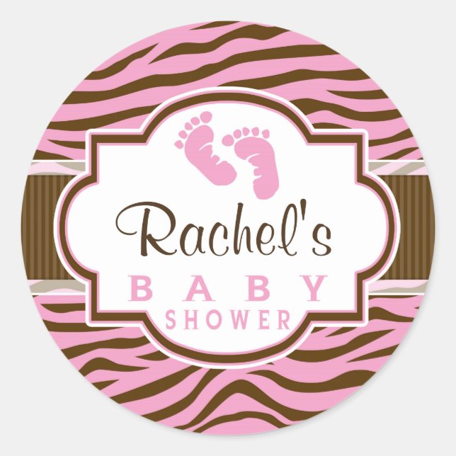 Brown, Pink Zebra Stripes Animal Print Baby Shower Classic Round Sticker (Front)