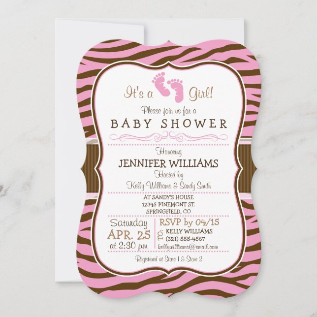 Brown, Pink Zebra Stripes Animal Print Baby Shower Invitation (Front)
