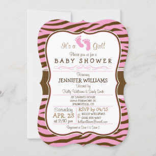 Brown, Pink Zebra Stripes Animal Print Baby Shower Invitation