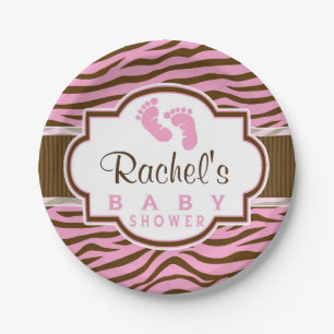 Brown, Pink Zebra Stripes Animal Print Baby Shower Paper Plate