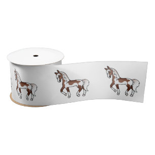 Brown Pinto Illustrated Cartoon Trotting Horses Satin Ribbon