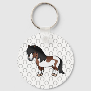 Brown Pinto Shetland Pony Cartoon Illustration Key Ring