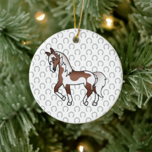 Brown Pinto Trotting Horse Cartoon Illustration Ceramic Tree Decoration