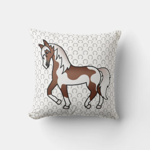 Brown Pinto Trotting Horse Cartoon Illustration Cushion