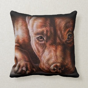 Brown pitbull face drawing of pet portrait dog cushion