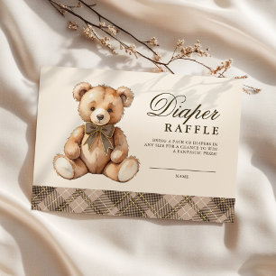 Brown Plaid Bear Baby Shower Diaper Raffle Enclosure Card