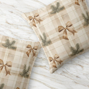 Brown Plaid Bow Rustic Modern Green Farmhouse Cushion