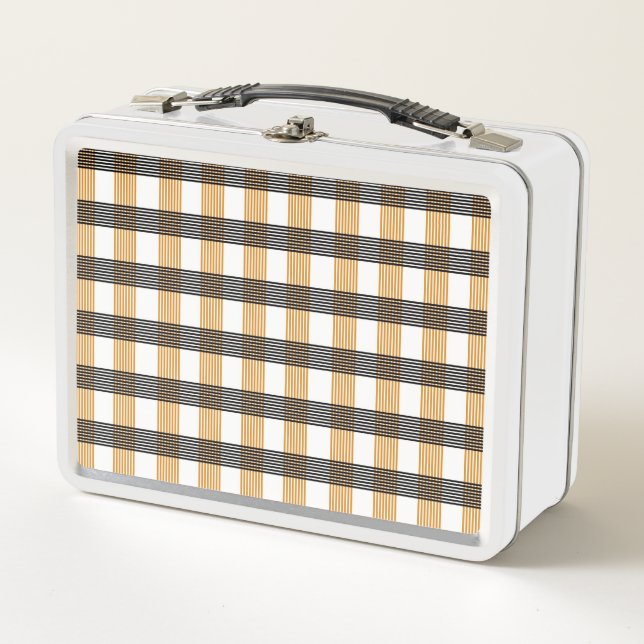 Brown Plaid Check Pattern Metal Lunch Box (Front)