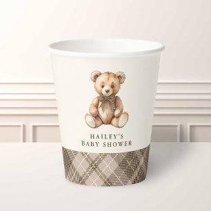 Brown Plaid Classic Teddy Bear Baby Shower Paper Cups