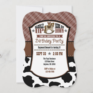 Brown Plaid Cowhide Cowboy Birthday Invite