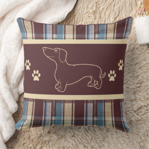 Brown Plaid Dachshund Cotton Pillow 20" x 20"