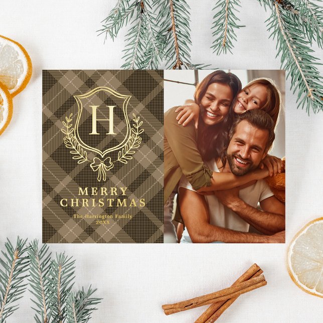 Brown Plaid Monogram Photo Christmas (Creator Uploaded)