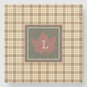 Brown Plaid Pattern Fall Maple Leaf Monogram Stone Coaster