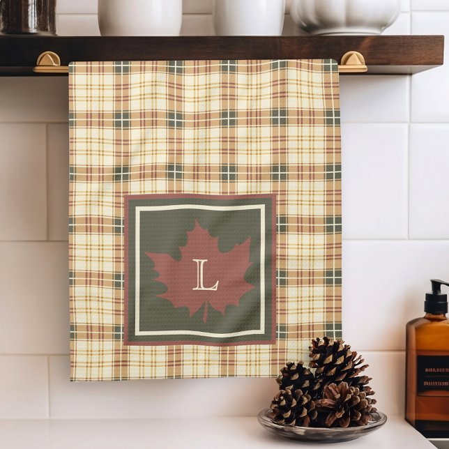 Brown Plaid Pattern Fall Maple Leaf Monogram Tea Towel (Creator Uploaded)