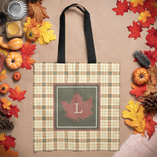 Brown Plaid Pattern Fall Maple Leaf Monogram Tote Bag