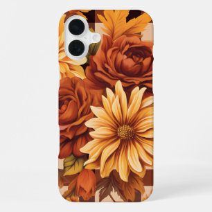 BROWN PLAID PATTERN WITH FALL ASTER FLOWERS iPhone 16 PLUS CASE