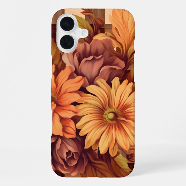 BROWN PLAID PATTERN WITH FALL ASTER FLOWERS iPhone CASE (Back)