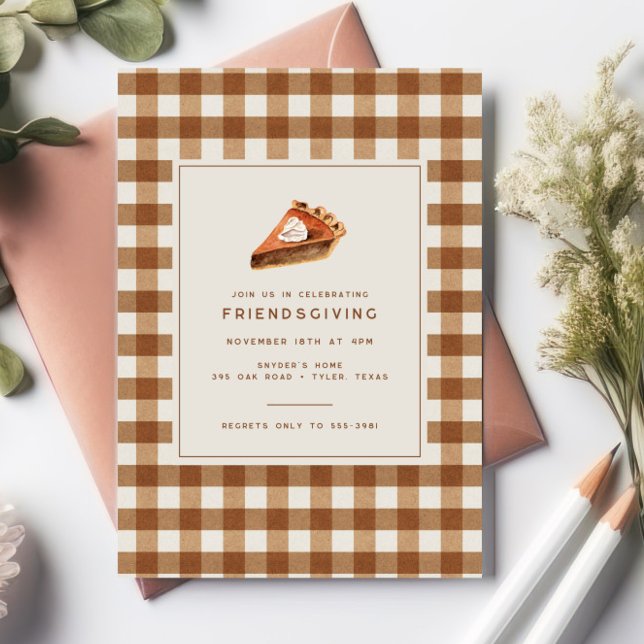 Brown Plaid Pumpkin Pie Thanksgiving Friendsgiving Invitation (Creator Uploaded)