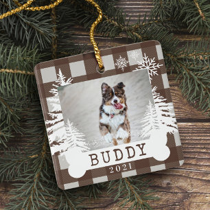 Brown Plaid Rustic Pine Trees Dog Bone Pet Photo Ceramic Ornament