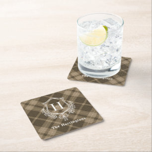 Brown Plaid Winter Monogram Crest Initial Square Paper Coaster