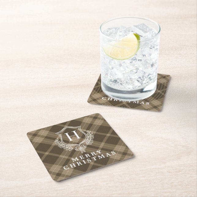 Brown Plaid Winter Monogram Crest Initial Square Paper Coaster (Insitu)