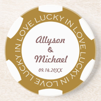 Brown poker chip lucky in love wedding anniversary coaster